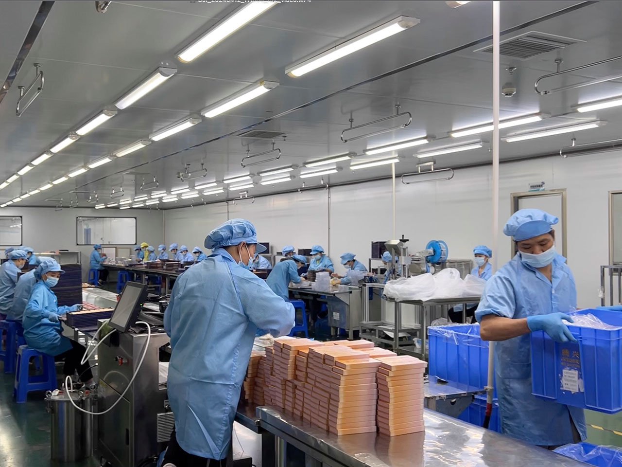 A group of workers in blue dustproof suits are working diligently in the cosmetics factory workshop.