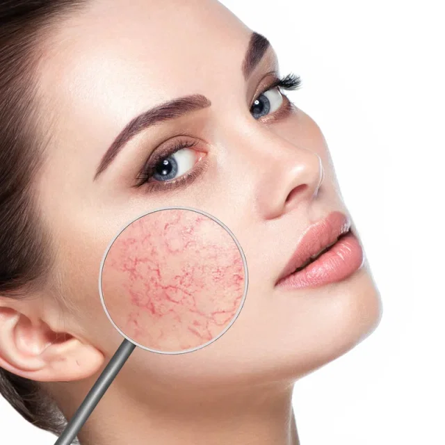 Увеличительное стекло, показывающее купероз на лице женщины